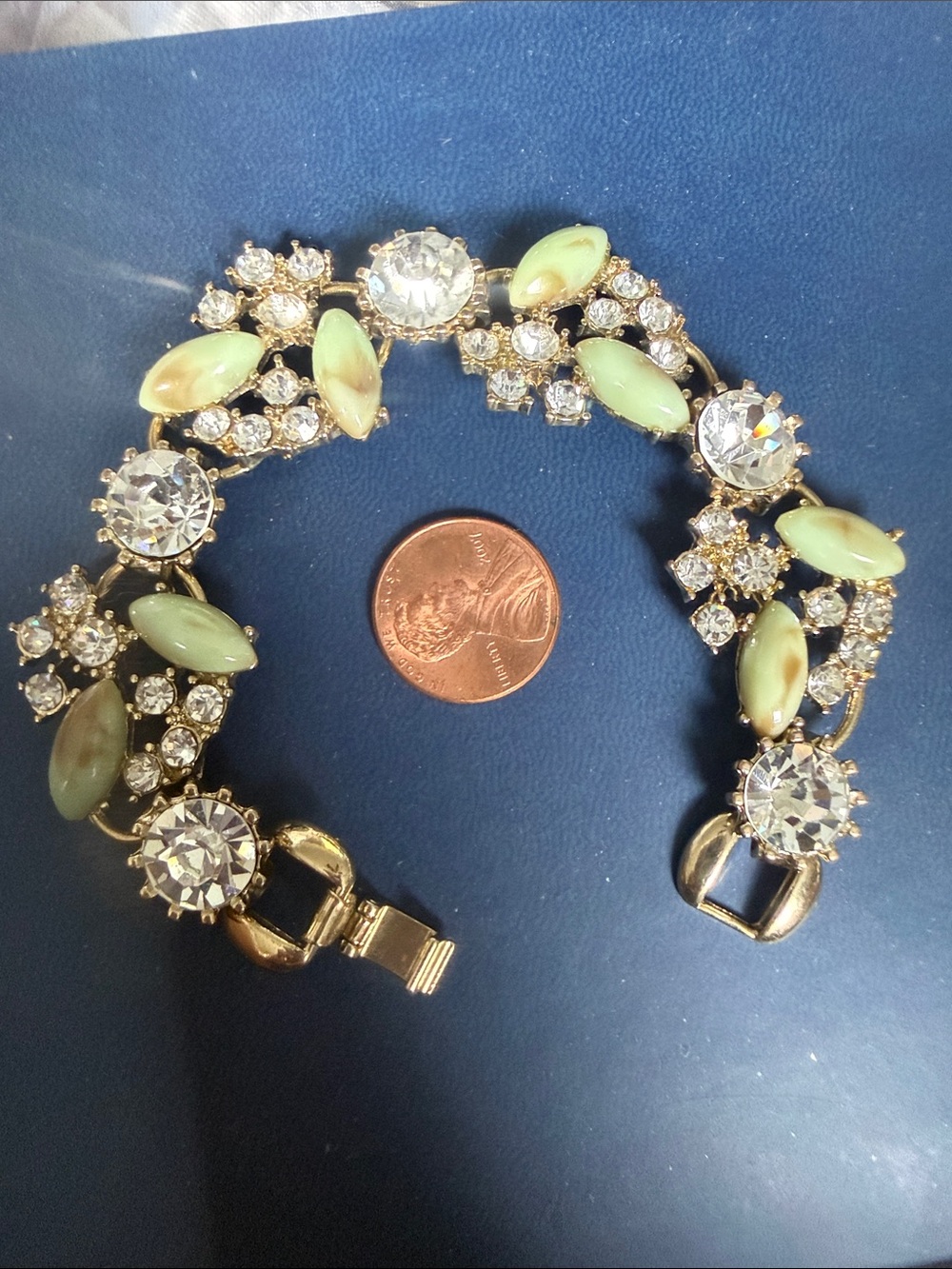 Gold-Tone Bracelet with Pale Green Stones and Clear Crystals